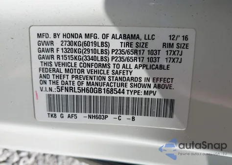 2016 Honda Odyssey Ex-L z USA, uszkodzony, nr VIN 5FNRL5H60GB168544